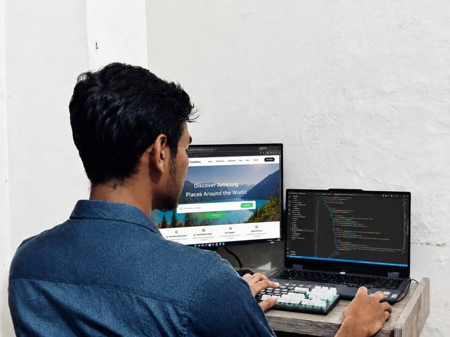 Developer reviewing a live client website and code